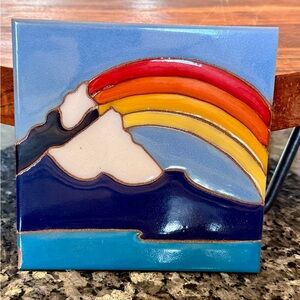 Vintage Terra-Cotta Decorative Rainbow And Mountain Tile Hand painted made Italy